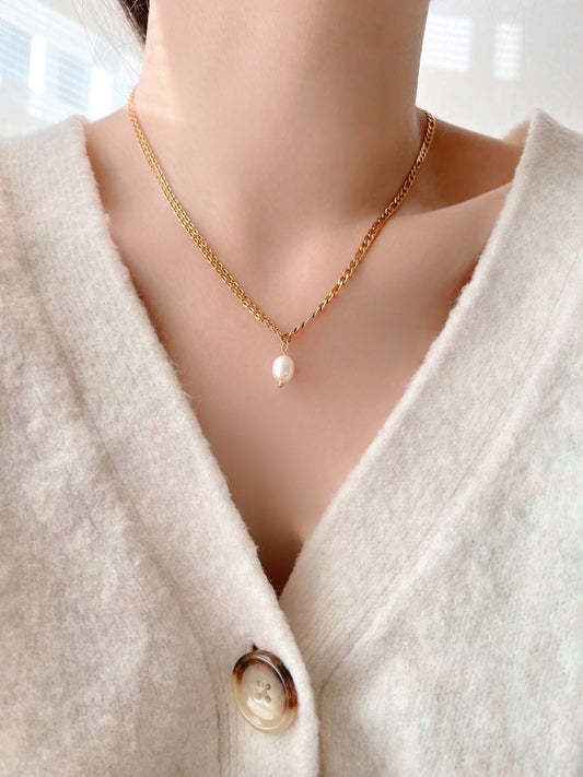 Gold Plated Double Chain Necklace with Pearl Pendant