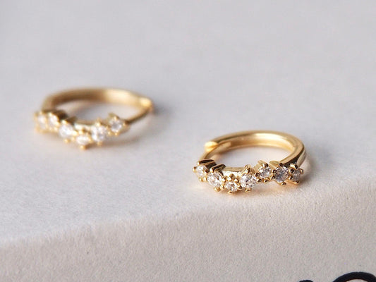 Gold Dainty Celestial Pave Diamond Huggies Hoops Earrings