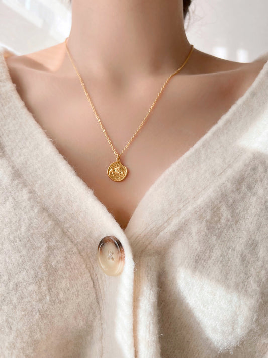 Gold Plated Zodiac Sign Hammered Coin Pendant Necklace