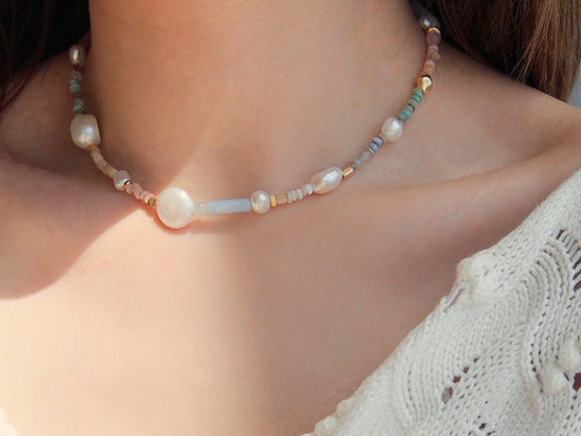 Handmade Baroque Pearl Pastel Bead Necklace
